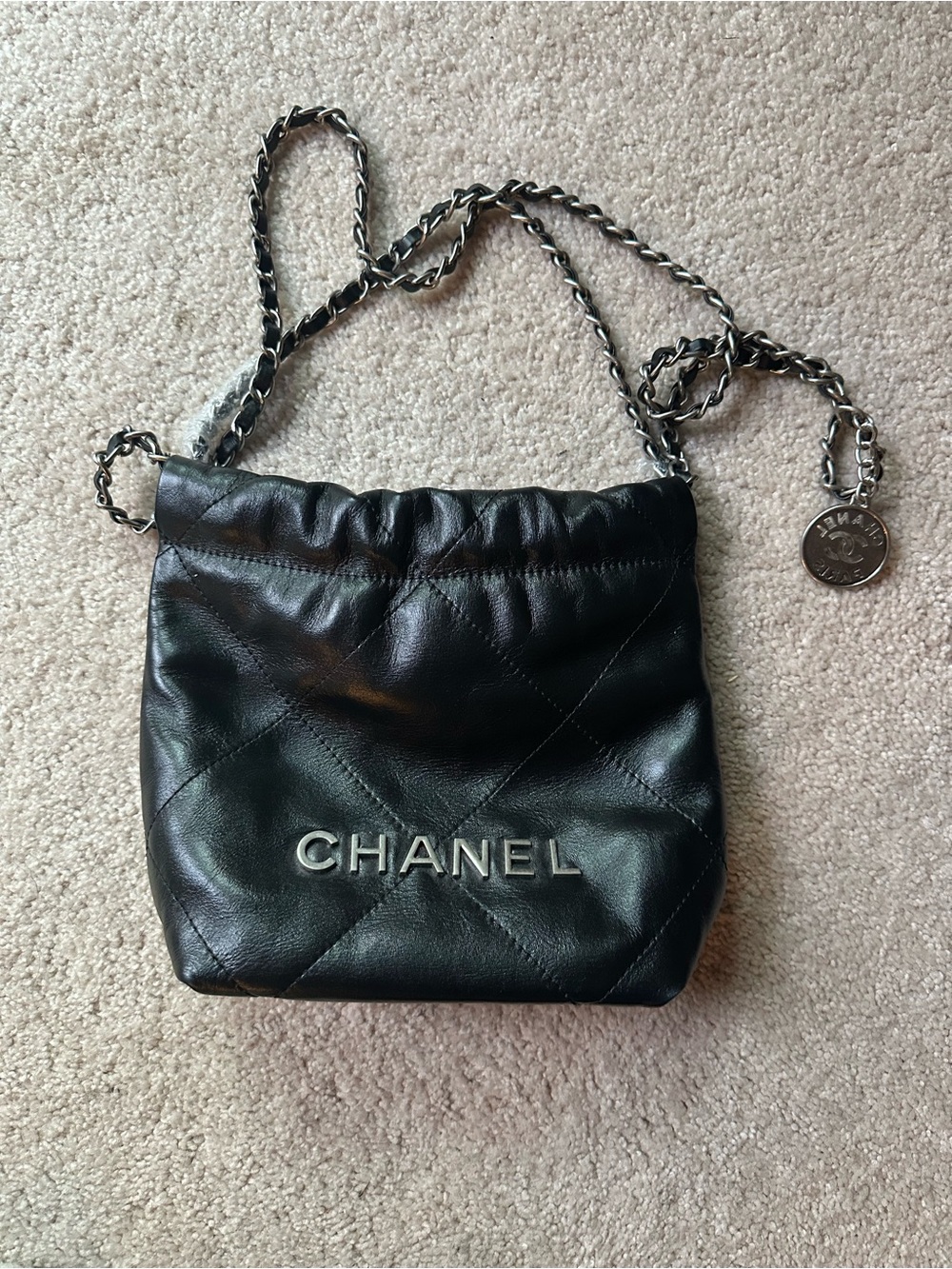 Black Quilted Leather Drawstring Crossbody with Silver-Tone Chain